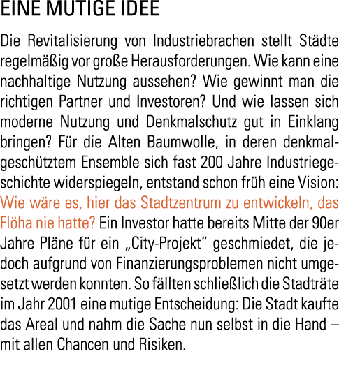 EINE MUTIGE IDEE Die Revitalisierung von Industriebrachen stellt St dte regelm  ig vor gro e Herausforderungen  Wie k   